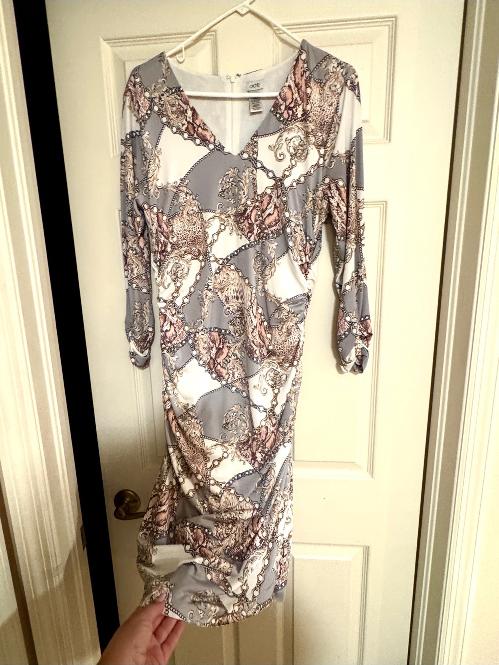 Cache Printed V-Neck Ruched Midi Dress, beautiful print.